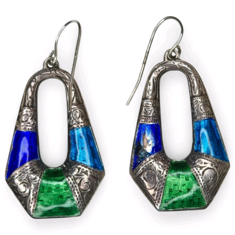 Vintage Sterling Silver 925 Enamel Blue Green Hinged Bangle Bracelet Earring Set - Picture 9 of 13